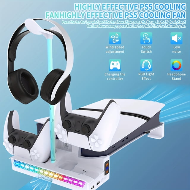 Horizontal Stand for PS5 Slim with Cooling Fan & Controller Charging Station, RGB Light Base, 3-Speed Adjustable Fan, PlayStation 5 Slim Accessories