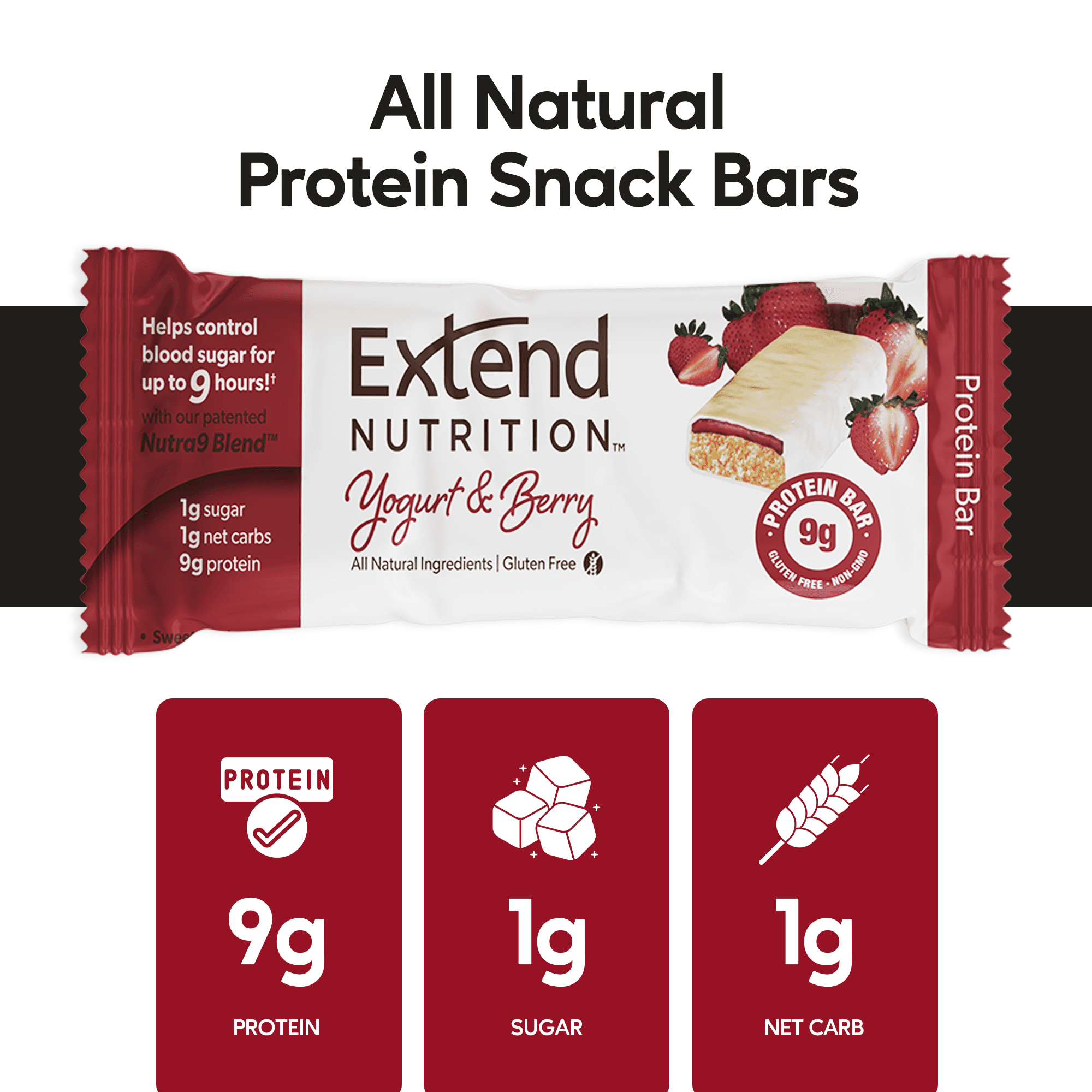 Extend Nutrition Protein Bar, Low Carb, Gluten Free Snacks, Yogurt & Berry, 12 Count