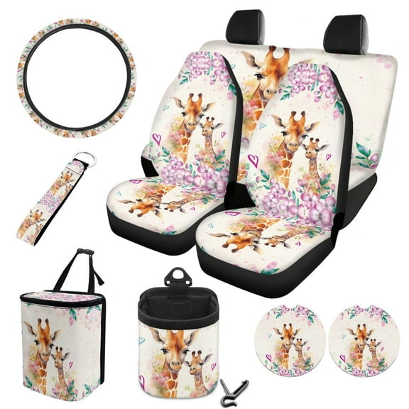 FORUDESIGNS Giraffe Flower Print Car Seat Covers Full Sets of 10 Washable Front Rear Seat Covers, Vehicle Trash Bin, Steering Wheel Cover, Air Vent Storage, Cup Coasters, Keychain for Auto Interior