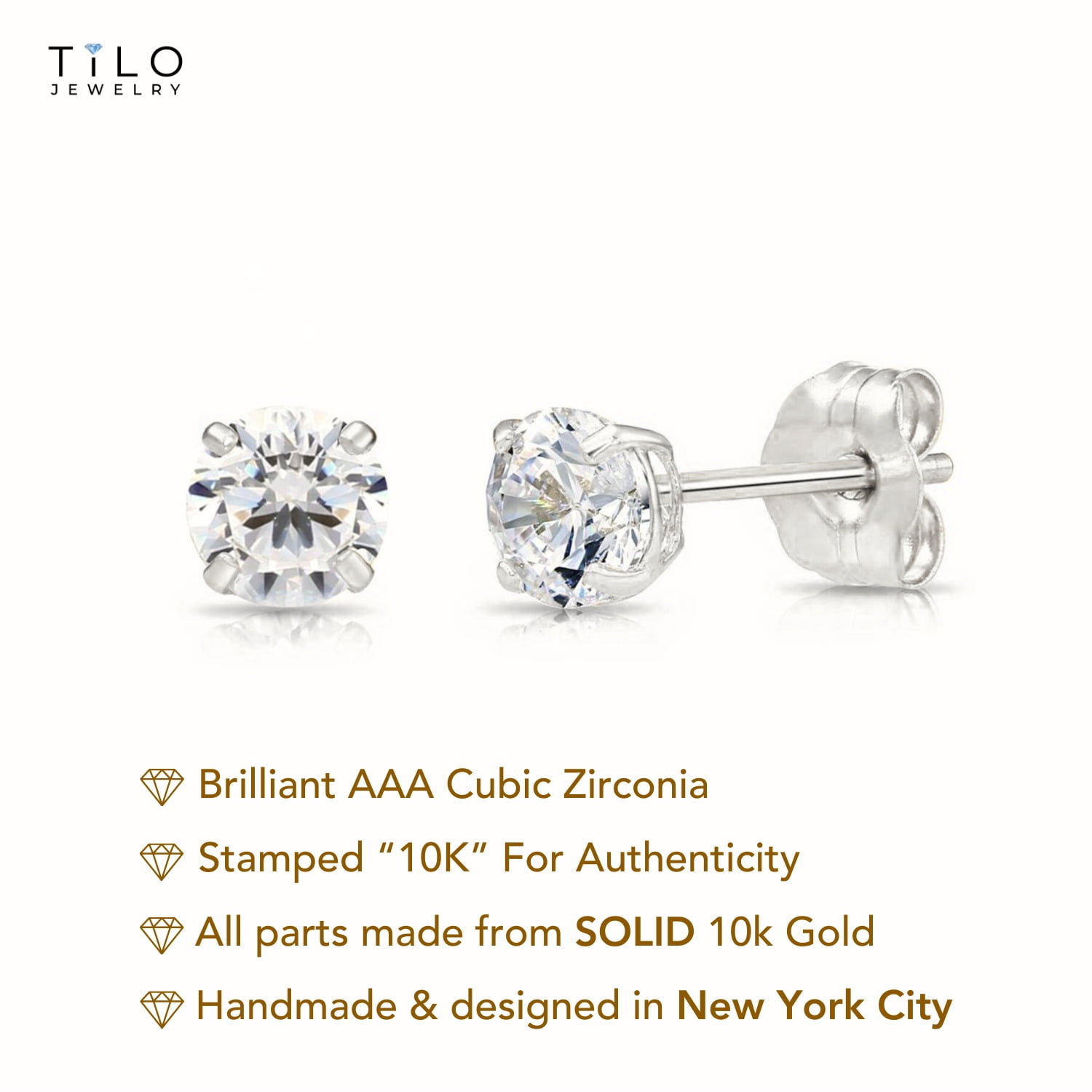 Tilo Jewelry 10K White Gold Solitaire Round CZ Stud Post Earrings with Secure Push-backs | 4mm | Classic Everyday Earrings | Women, Men, Unisex