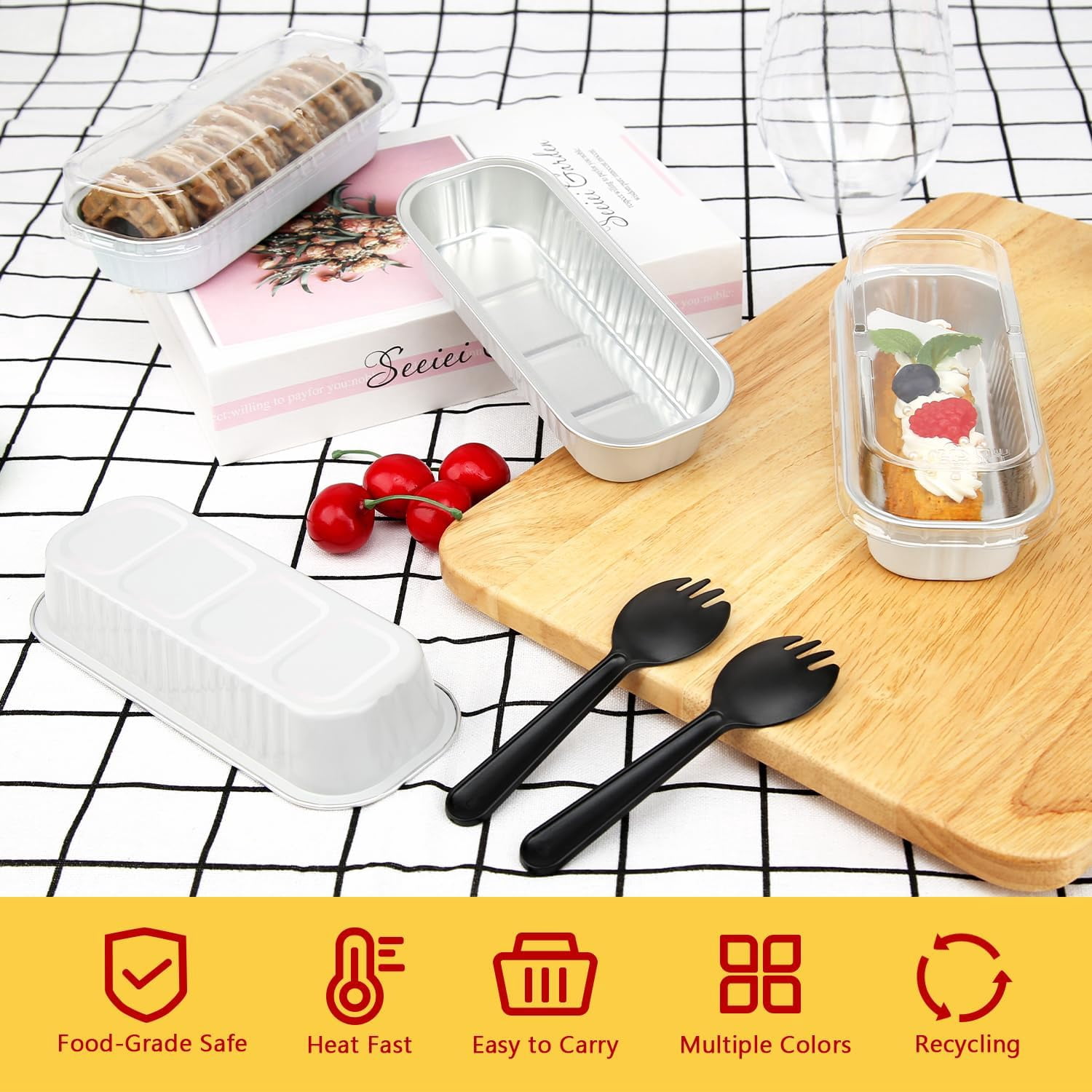 Mini Loaf Baking Pans with Lids 50 Pack 6.8oz Rectangle Aluminum Foil Cake Tins Containers Disposable Ramekins Cups Muffin Tins-White