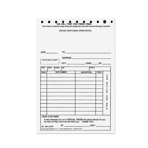 Auto Parts Back Order Notice - 4-Part - Pack/100