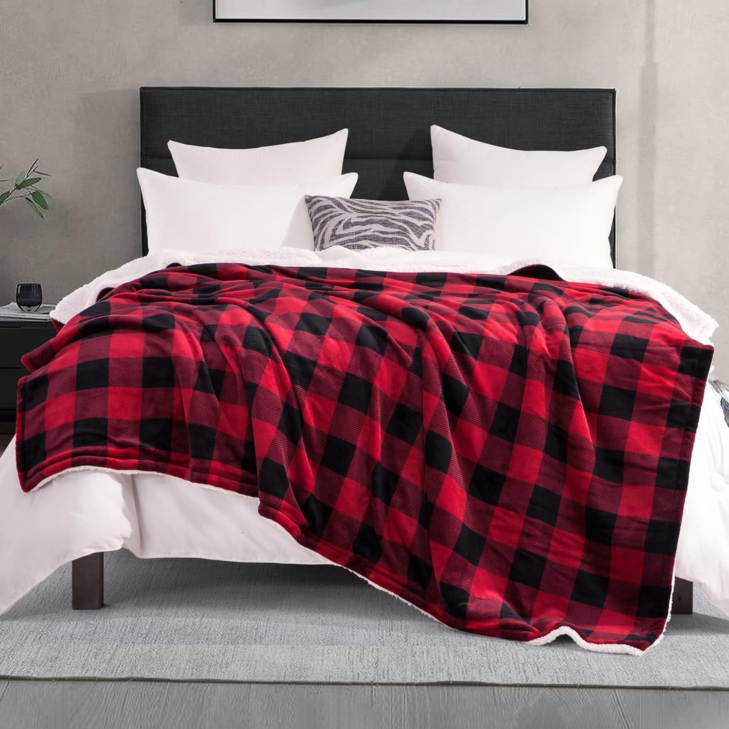 Elegant Comfort Reversible Buffalo Plaid Flannel Sherpa Blanket - Soft Fleece Throw for Couch or Bed - Plush Warm Winter Blanket, Twin, Burgundy