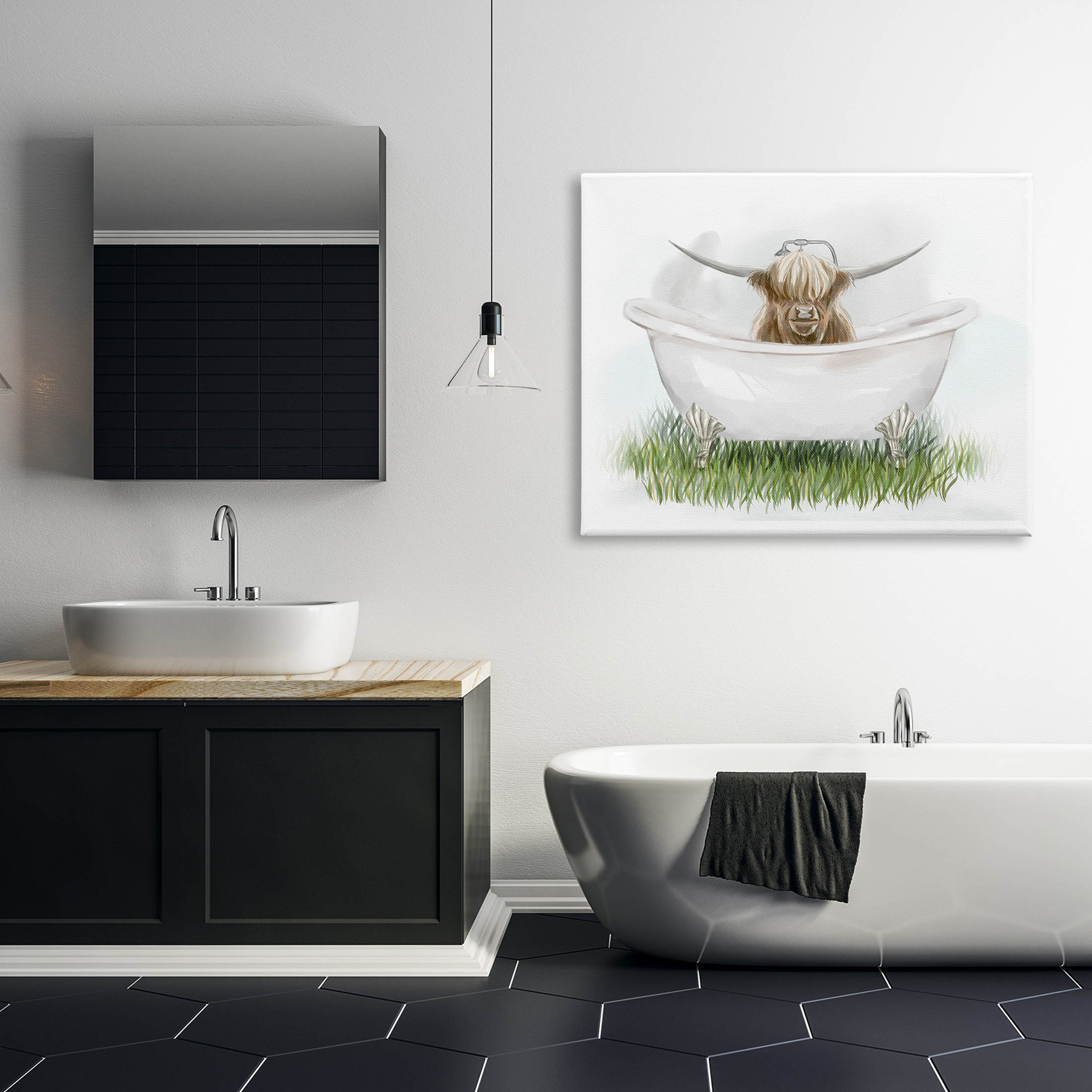 Country Highland Cattle Bathtub Animals & Insects Graphic Art Gallery Wrapped Canvas Print Wall Art