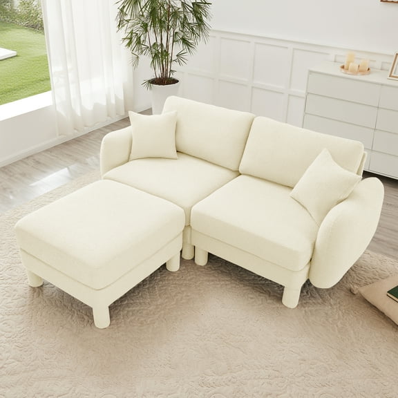 Boucle Fabric Sectional 2-seater Loveseat Sofa Couch With Distinctive Shell-shaped Armrests And Removable Ottoman,Cylindrical Legs Wrapped with Self-fabric,Beige   Color