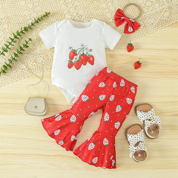Spring New Baby Girls Short Sleeved Jumpsuit Striped Strawberry Print Red Flared Pants With Hairband Set Girl Casual Outfit