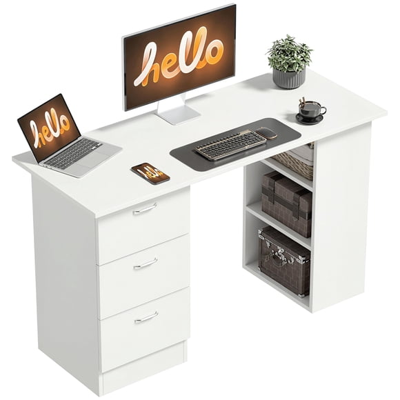 HOMCOM Bureau d'Ordinateur avec Étagères de Rangement à 3 Niveaux, Bureau de Bureau à Domicile, Blanc