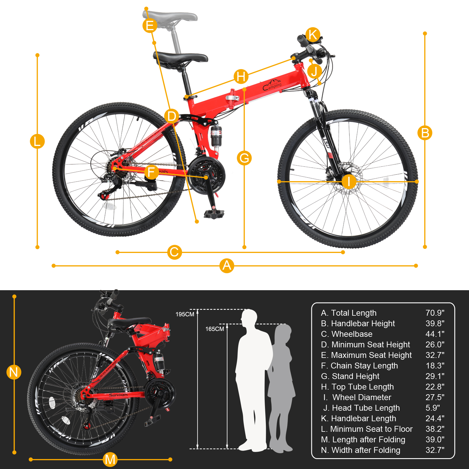 UBesGoo 27.5in Folding Mountain Bike Shimano 21-Speed with Disc Brakes,  Red