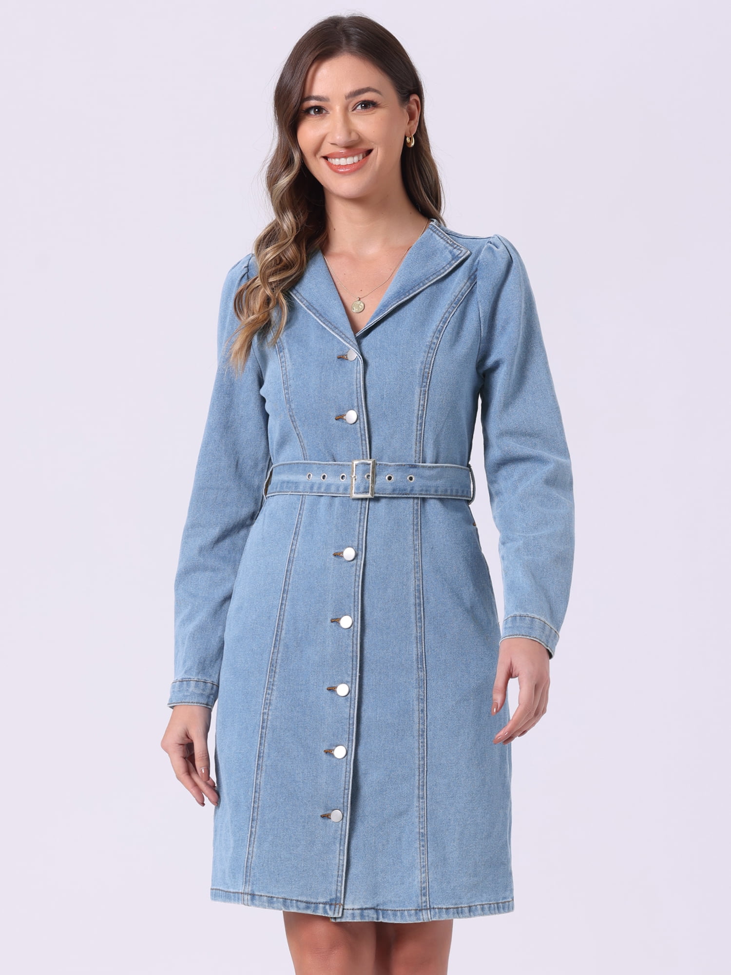 DARING DIVA Notched Lapel Denim Shirt Dress L Light Blue
