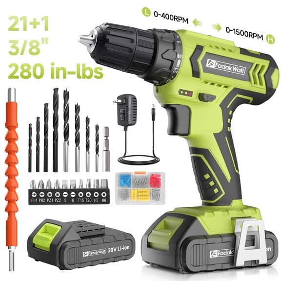 20V MAX Cordless Drill Set with Battery & Charger, 280 in-lbs Power Drill Kit, 2-Speed (0-1400 RPM), 21 1 Torque, 3/8" Keyless Chuck, 30pc Drill/Driver Bits, LED Light for Wood/Metal/Concrete(Green)