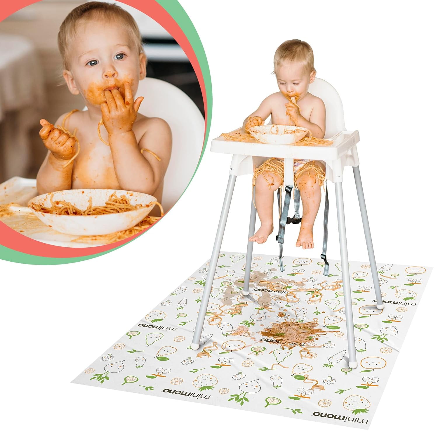 Minimono Disposable Splat Mat for Under High Chair - 30 Pack | 40"x47"| Waterproof Splash Mat for Floor | Baby Activity Mat for Indoor-Outdoor | Baby Lead Weaning Supplies | Catcher for Highchair