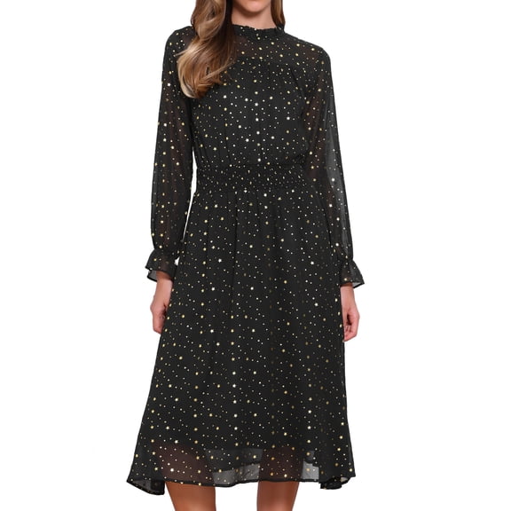 DARING DIVA Chiffon Midi Sheer Long Sleeve Smocked A-Line Dress XS Black