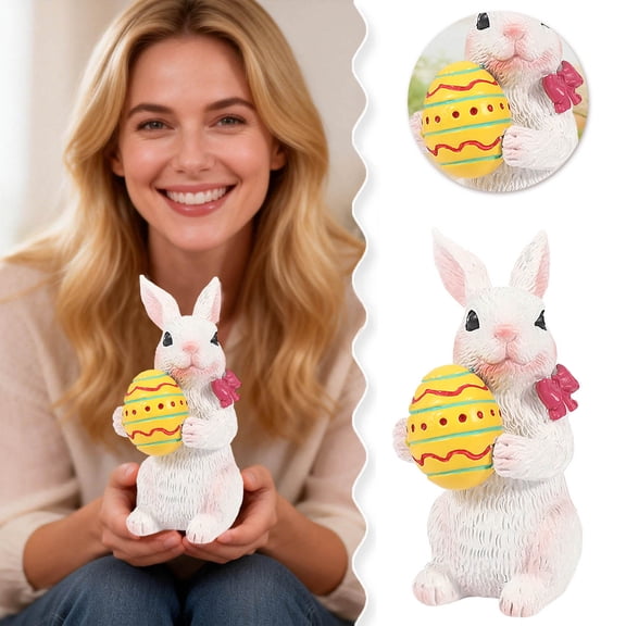 Easter Bunny Figurines Spring Resin Rabbit Tabletop Statues with Ribbon Bow Egg & Carrot Cute Easter Tabletop Decor for Home Dining Table Mantel & Bookshelf(A,5.12 Inch)
