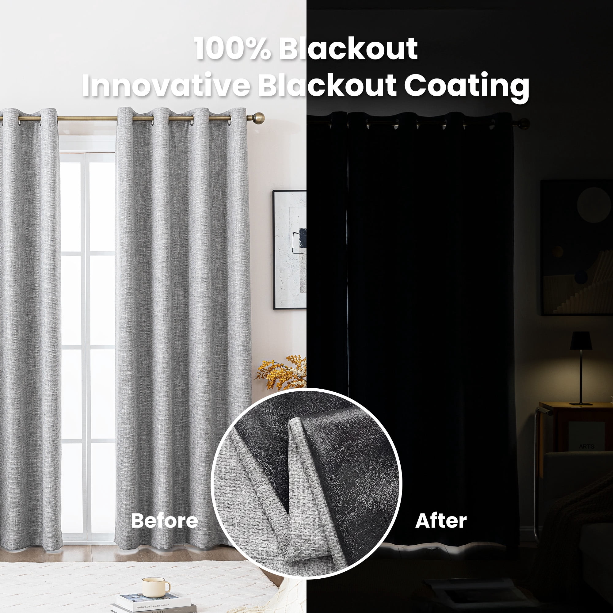 Sleep Zone 100% Blackout Curtains for Bedroom Full Light Blocking Curtains, Two-Sided Reversible Window Curtain for Living Room 2 Panels, 52" x 84" Gray