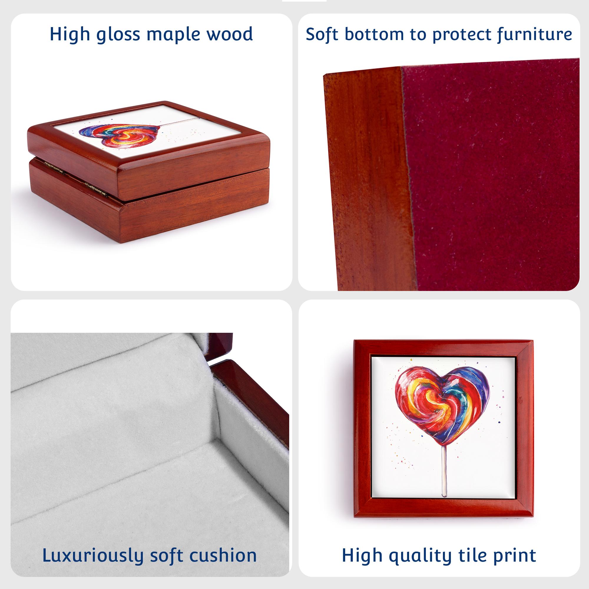 3dRose, Cute and Colorful Valentine Days Heart Sucker Illustration, Jewelry Box 5.5x5.5 inch with 4 inch tile