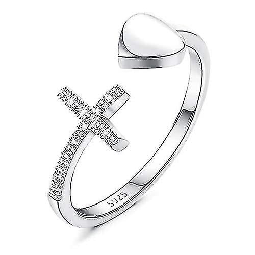 Anillo de cruz de plata de ley 925 para mujer Anillo abierto de corazón de amor Anillo ajustable chapado en oro blanco con circonita cúbica