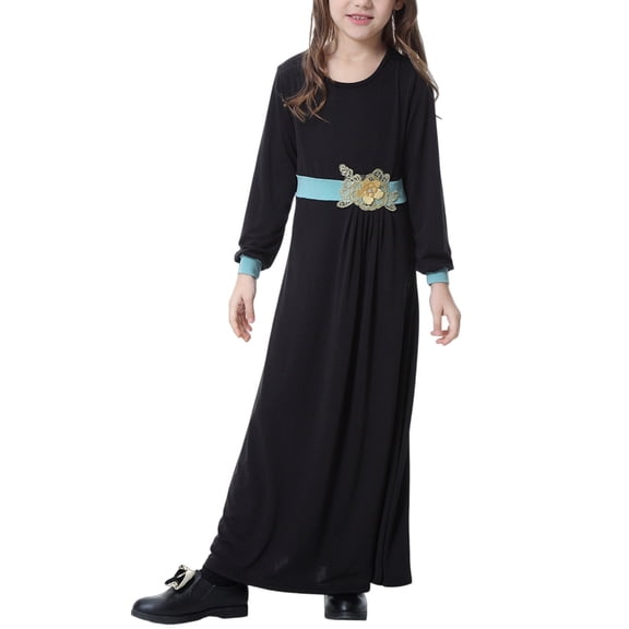 Girls Long Sleeve Crew Neck Dress, Solid Color Maxi Dress for Kids, Comfortable Everyday Casual Wear, Loose Fit Stretchy Dress for School and Play Black L