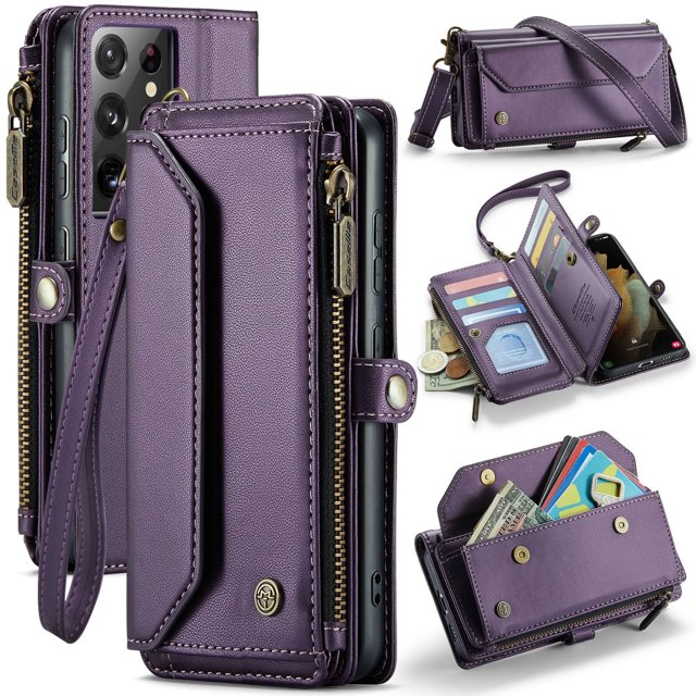 Bandolera para Samsung Galaxy S21 Ultra Case Wallet 【Bloqueo RFID】con Ranura para Billetes con Cremallera y 10 Tarjeteros,Correa magnética para Hombro y muñeca de Cuero PU Suave