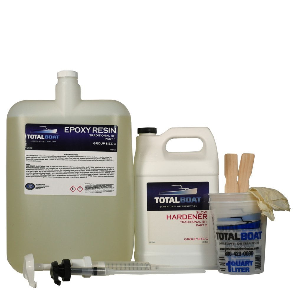 total boat totalboat 5:1 epoxy resin kit (4.5 gallons, slow hardener),  marine grade epoxy for fiberglass and wood boat building and repair, clear  