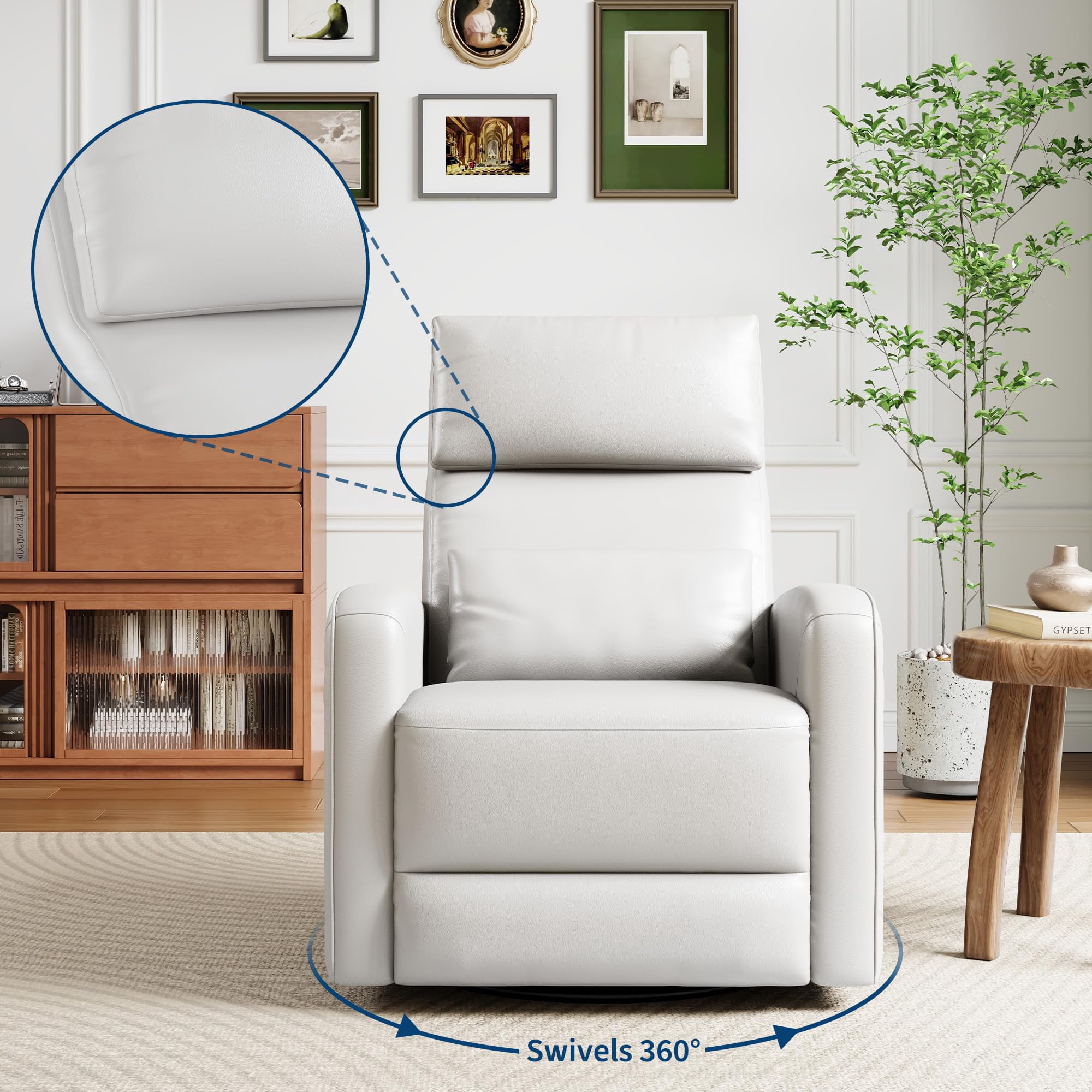 Adult Manual Recliner,Simulated Leather Sofa Rocking Chair with 360° Swivel,Living Room Armchair with Adjustable Backrest and Footstool,Home Theater Seating,Reclining Recliner with Concealed Pull