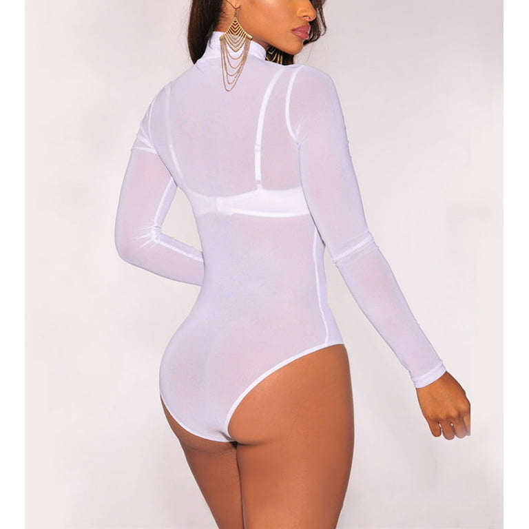 Long Sleeves Bodysuit for Women Lace Sheer Mesh See Through Thong Bodysuit  Tops T Shirt Leotard (Color : White, Size : Large) : : Clothing,  Shoes & Accessories