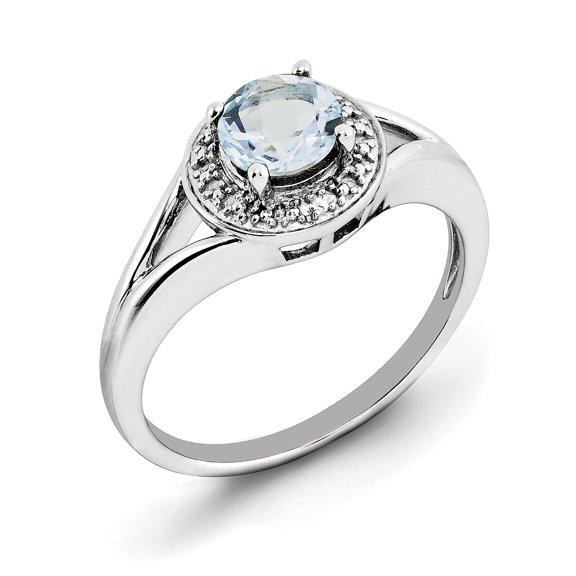 Sterling Silver Rhodium-plated Diamond & Aquamarine Ring