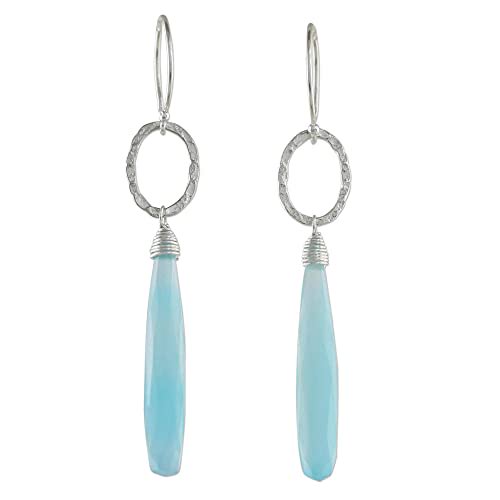 NOVICA Hammered .925 Sterling Silver and Blue Chalcedony Dangle Earrings, Exhilarated'
