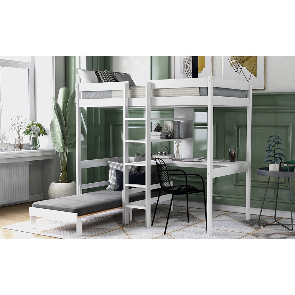 Lowestbest Convertible Loft Bed with L-Shape Desk, Twin Bunk Bed with Trundle and Shelves Lowestbest Convertible Loft Bed with L-Shape Desk, Twin Bunk Bed with Trundle and Shelves