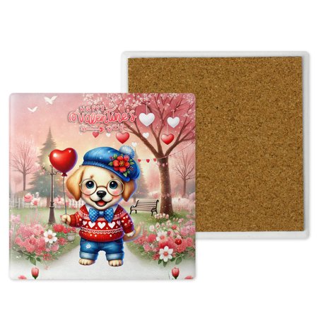 Happy Valentine’s Day Adorable Labrador Retriever Puppy Holding Heart Balloon Set of 4 Stone Coasters Lab Dog Lover Gifts 4x4in Absorbent Soapstone Coaster - 00030