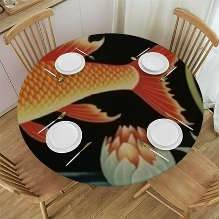 

Sheronv Fish Flowers Art Deco Round Tablecloth 100% Polyester Stain Resistant Washable for Indoor Outdoor Kitchen Dining Wedding Parties 31 -35