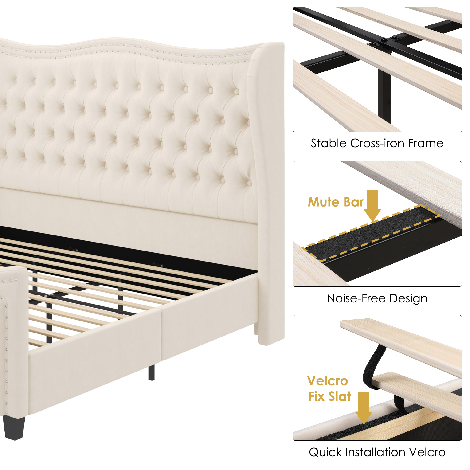Homfa Queen Size Bed Frame, Modern Velvet Tufted Wingback Bed, Platform Bed with 55"H Upholstered Headboard, Off-White
