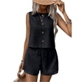 thumbnail image 2 of Womens Summer 2 Piece Linen Sets Sleeveless Button Crew Neck Vest Tops Matching Shorts Set Travel Vacation Casual Outfits,Black,S, 2 of 6