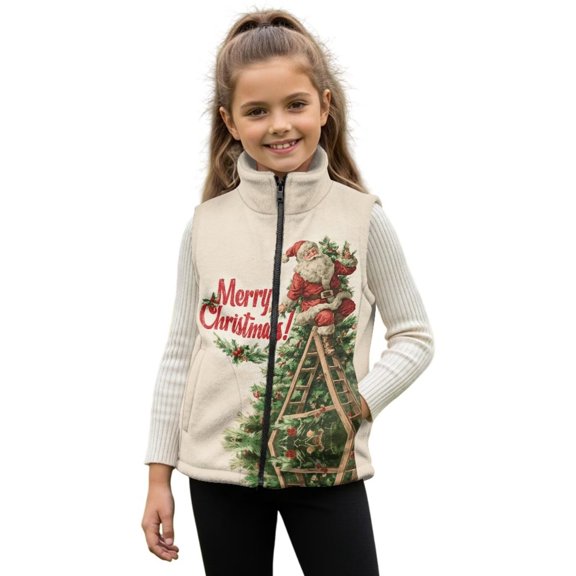 Xixirimido Christmas Tree Santa Claus Pattern Boys Girls Full Zip Fleece Vest Sleeveless Stand Collar Outwear Warm Jacket with Pockets for 4T