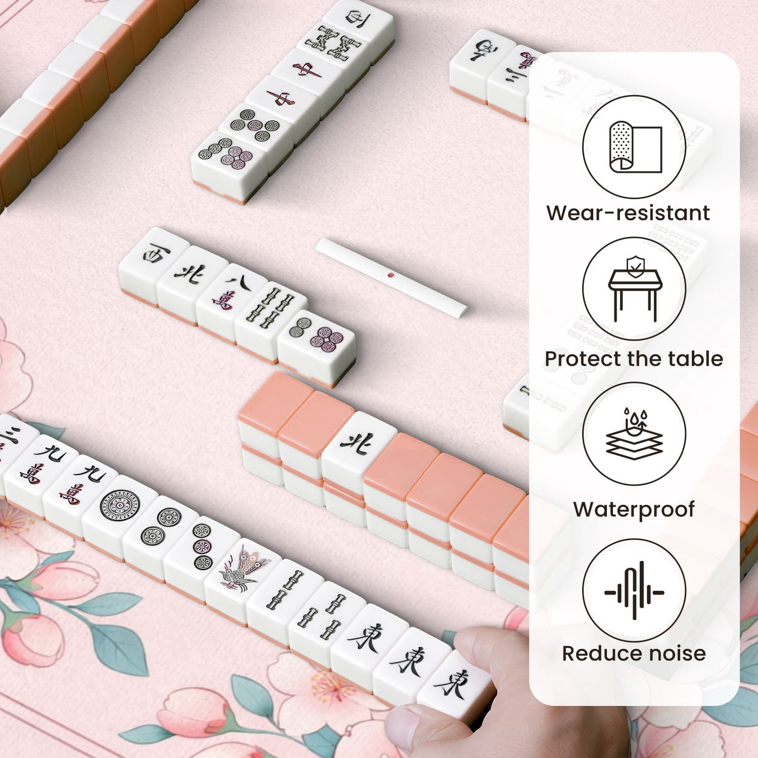 Mahjong Mat 31.5" x 31.5" Delicate Floral Frame Pink Peonies Blossoms Soft Pink Non-Slip Noise Reduction Mahjong Tiles Table Cover for Dominoes Poker Card Board and Tile Games