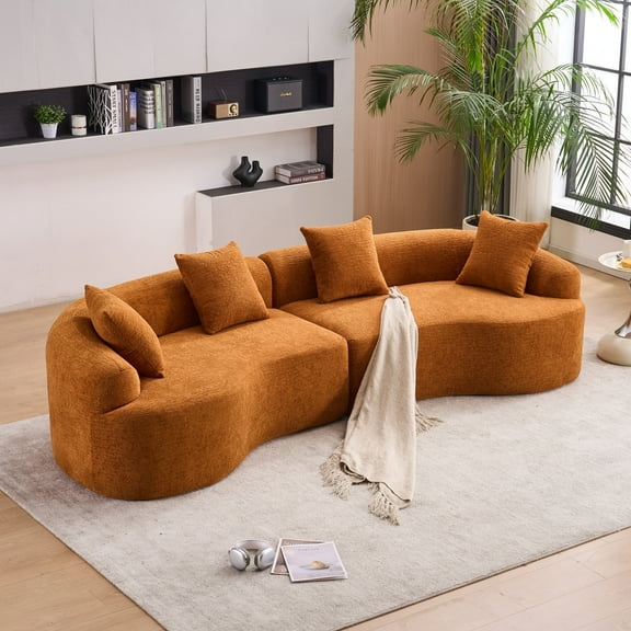 Curved Modular Sectional Sofa with Compression Sponge | 110"L Orange Chenille Sleeper Couch | 30D High-Density Support for Apartment & Living Room