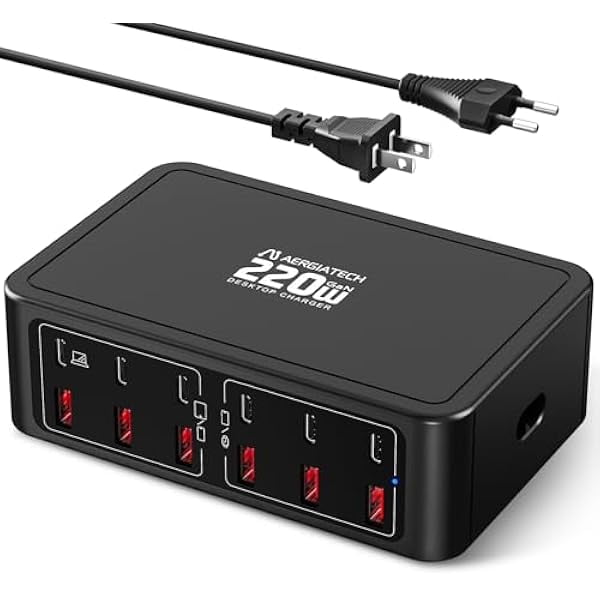 wonima44 220W USB C Charging Station, 12-Port GaN Charger Hub,65W Laptop Charger Adapter for MacBook Pro/Air iPad Pro iPhone Google Pixelbook ThinkPad Dell XPS Galaxy S23 Steam Deck -Black