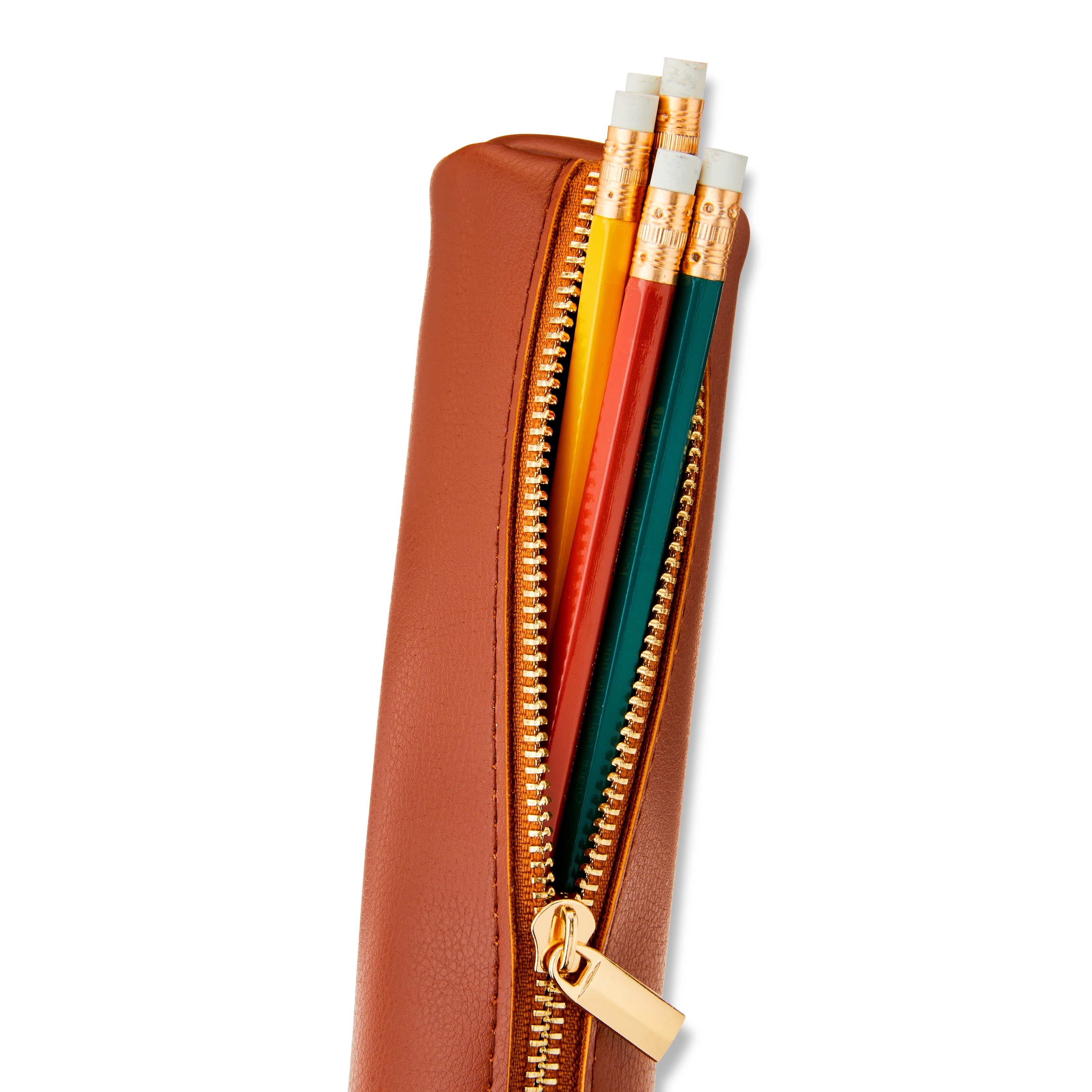 Pen + Gear Simulated Leather Pencil Pouch, Zipper Pull, Cognac Brown
