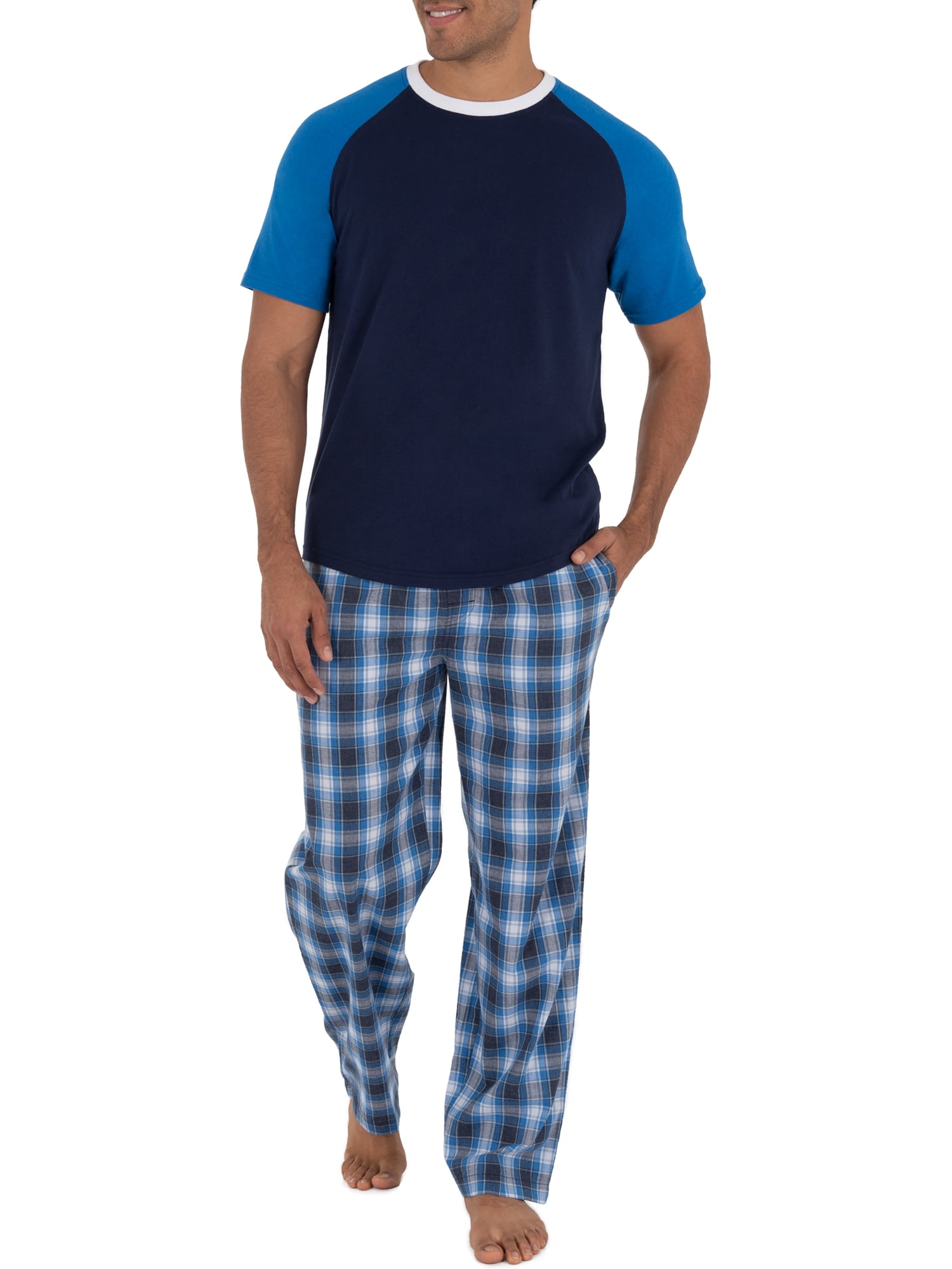 Fruit of the Loom Men's Raglan Tee, Plaid Bottom Pajama Set
