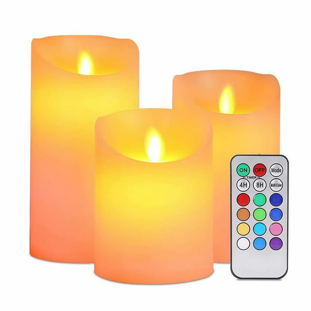 Juego de 3 velas LED sin llama, luz ALED, 3 velas LED RGB reales de color blanco cálido y multicolor, funciona con pilas con temporizador de control remoto, adecuado para decoraciones de bodas