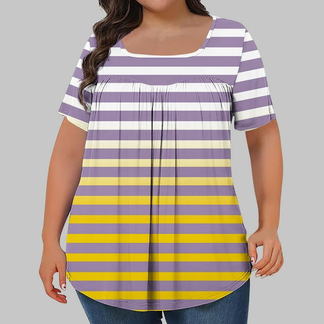 mfyjkho Tops De Tallas Grandes, Camiseta Holgada De Manga Corta Plisada Con Cuello Extragrande Y Estampado Para Mujer, Talla L-5Xl Tops Y Blusas Para Mujer L