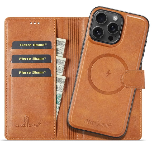 for iPhone 14 Pro 2 in 1 Detachable Wallet Phone Case, Compatible with MagSafe, Magnetic RFID Blocking Card Holder Shockproof Kickstand Wireless Charging PU Leather Flip Cover, Brown