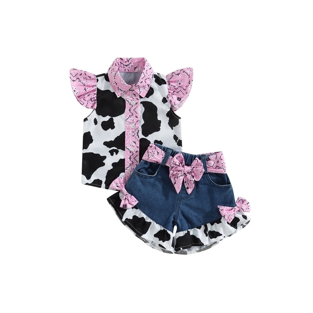 Gupgi 1-6 Ans Filles 2 Pcs Imprimé Vache Col Rabattu Manches Volantes Hauts+shorts en Denim avec Ceinture