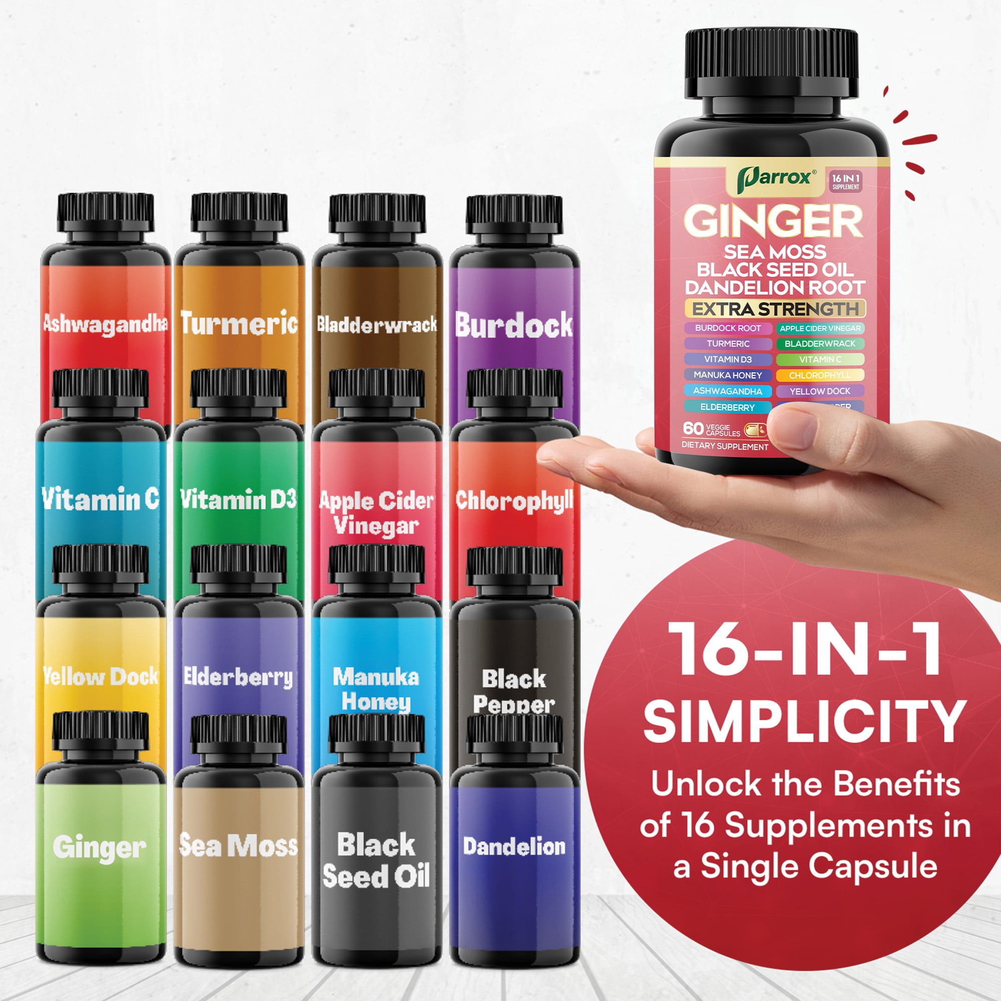 Ginger Black Seed Oil Ashwagandha Turmeric Bladderwrack Burdock Sea Moss Vitamin C Vitamin D3 Elderberry Manuka Honey Dandelion Yellow Dock Chlorophyll ACV Apple Cider Vinegar – 60 Capsules