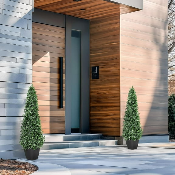 3FT Artificial Boxwood Topiary Trees, Decorative Tree with Black Planter, Faux Shrubs Outdoor, Artificial Plants Outdoor Potted, 2 Pcs