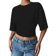 thumbnail image 7 of GZWYHT Crop Summer Tops Batwing Short Sleeve Ruched Waist Slim Fitted Basic Tees Going Out T Shirts Fashion Workout Summer Clothes Black L, 7 of 7