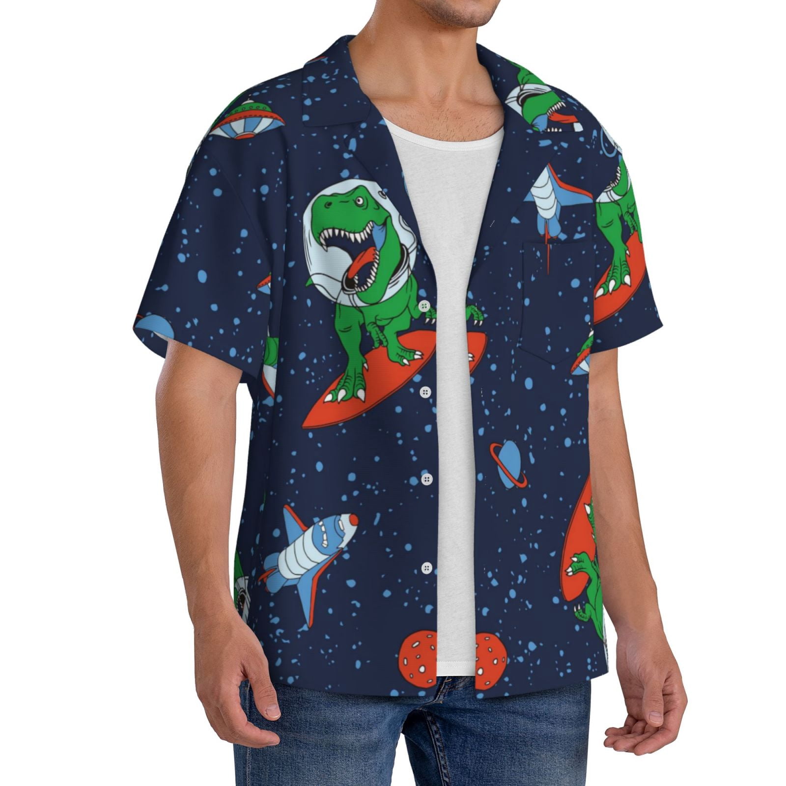 Kdxio Men'S Hawaiian Shirt For Men Short Sleeve Shirt Dinosaur Astronaut Space Surfing Summer Casual Holiday Beach Button Down T-Shirts