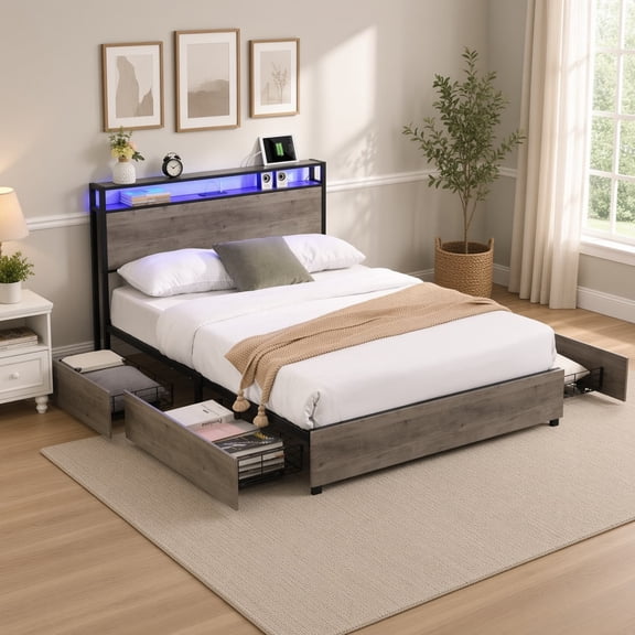 Queen Bed Frame with Storage Headboard & Charging Station, 4 Drawers & Smart LED Lights, Metal Platform Bed with USB Ports & Outlets, No Box Spring Needed for Bedroom, Gray