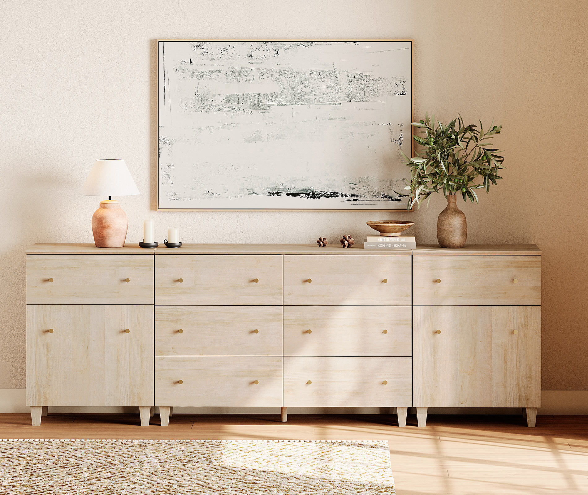 WAMPAT 8 Drawers Dresser with 2 Cabinets for Bedroom, 3-in-1 Modern Wooden Chest of Drawers, 94" Wide, Light Oak Wood Finish