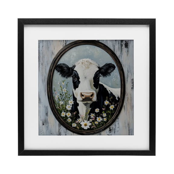 Stupell Industries Farmhouse Classic Cow & Daisy Portrait Black Framed Print Under Glass, 13 x 13, by Petals Prints Design