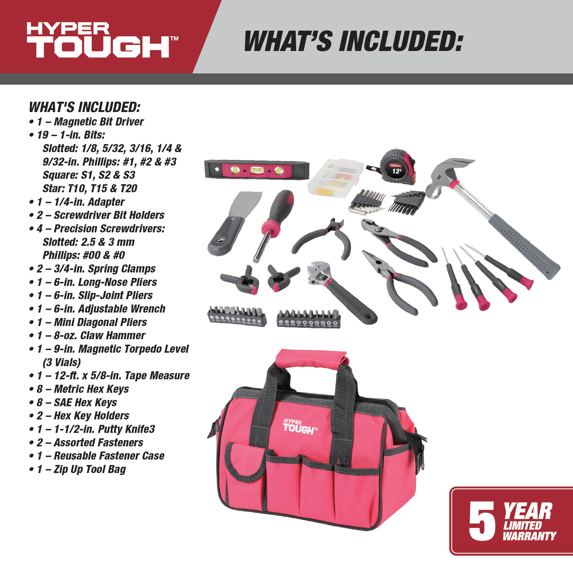 Juego de herramientas para hogar de 89 piezas Hyper Tough con bolsa de herramientas de 12 bolsillos, rosa 5